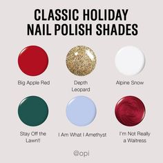 OPI on Instagram: "Classic nail polish colors to use for all your holiday manicures ❄️ Spot an old fav? Swipe 👉 if you're looking for something new and ✨sparkly✨   #OPI #holidaynails #holidaynailcolors #winternails #winternailstrends #nailpolish #nailedit" Christmas Opi Nails, Christmas Nail Colors 2024, Opi Nail Polish Colors Winter 2023, Opi Christmas Nails, Opi Gel Holiday Colors, Opi Gel Polish Colors Winter, Winter Opi Gel Colors, Opi Gel Polish Colors Winter 2023, Christmas Nail Colors Winter