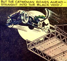 an old comic book cover with a cat on top of a car flying through the air