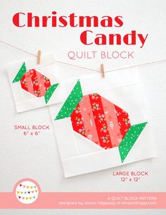 the christmas candy quilt block is hanging on a clothes line and it has two pieces cut out