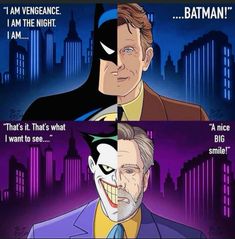 the joker and batman's face are shown in two different comics, one is saying i