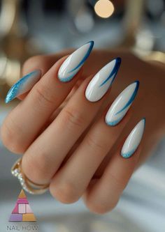 Unveiling the Charm of White Nail Designs 22 White Nails With Blue, Nail Designs With Charms, Blue White Nails, White Blue Nails, Patterned Nails, Nails Blue And White, White And Blue Nails, Nail Art White, Blue And White Nails