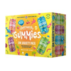 the gummies variety pack is shown in front of a yellow box with pink and blue flavors