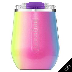 a pink and blue tumbler with the words brumae on it's side