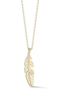 A diamond-accented feather pendant catches the light on a whimsical necklace crafted from polished 14-karat yellow gold. 18" length; 1/8"W x 7/8"L pendant Total diamond weight: 0.02ct. Color: G–H Clarity: SI2 14k gold/diamond Made in Turkey Diamond Guide Whimsical Necklace, Feather Pendant Necklace, Diamond Guide, Necklace Craft, Feather Pendant, Pendant Design, G H, Womens Jewelry Necklace, Gold Diamond