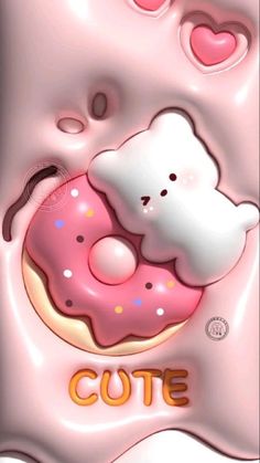 a pink donut with a white teddy bear sleeping on it's side next to the word cute