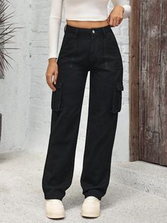 Women Casual Versatile Flap Pocket Straight Leg Cargo Jeans, Suitable For Spring And Autumn Black Casual   Denim Plain Straight Leg Slight Stretch  Women Clothing, size features are:Bust: ,Length: ,Sleeve Length: Black Cargos, Wide Leg Cargo Jeans, Outfits College, Khaki Jeans, Black Patch, Jeans Cargo, Black Khakis, Women Denim Jeans, Tall Women