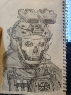 a drawing of a skull wearing a helmet and holding something in it's hand