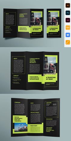 three fold brochure with yellow and black accents on the front, back and sides