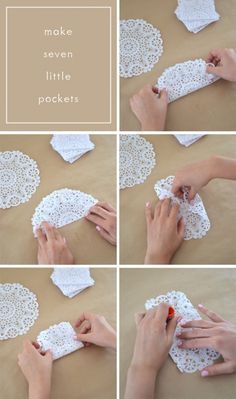 the instructions for making crochet doily with white paper and yarn are shown