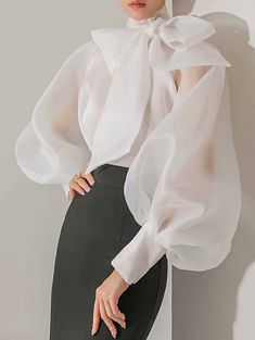 Chiffon Transparent Long Sleeve Bow Blouse Bow Dress Pattern, Modest Blouse, Lantern Sleeve Shirt, Scarf Blouse, Lantern Sleeved Blouses, Fall Blouse, Model Pose, Bow Shirts, Bow Blouse