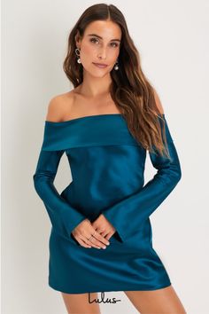 Look effortlessly sensational all through the night with the Lulus Luxurious Vision Teal Satin Off-the-Shoulder Mini Dress! Sleek woven satin shapes this ultra-flirty dress that features a foldover, off-the-shoulder neckline (with hidden no-slip strips) and elegant long sleeves. The figure-skimming, slip-style silhouette falls to a perfectly sultry mini hem. Hidden side zipper. Fit: This garment fits true to size. Length: Mid-thigh. Size medium measures 33.50" from top to bottom. Bust: Great for any cup size. Waist: Loosely Fitted. Hip: Not Fitted - room for hips. Undergarments: May be worn with a strapless bra, adhesive bra, petals, or no bra. Fabric: Fabric has no stretch. Lined. Shell: 100% Polyester. Lining: 100% Polyester. Hand Wash Cold. Do Not Bleach. Line Dry. Iron Low Heat. Import Long Sleeve Winter Formal Dress, Long Sleeve Formal Mini Dress, Light Blue Semi Formal Dresses, Rush Preference Dresses, Off The Shoulder Hoco Dress, Jewel Tone Dresses, Long Sleeve Hoco Dress, Winter Dance Dresses, Homecoming Poses