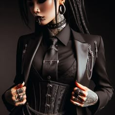 Modern Regal Fashion, Horror Movie Premiere Outfit, Punk Harness Outfit, Elegant Alternative Style, Gothic Suit Aesthetic, Alt Suit Women, Gothic Modern Fashion, Haute Goth Fashion, Goth Leather Outfit