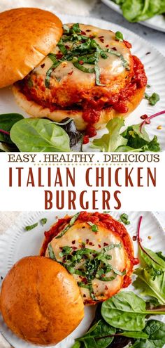 an italian chicken burger on a plate with lettuce