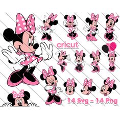 minnie mouse cut outs with pink bows and polka dots on them, all in different sizes