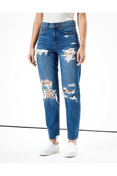 These jeans are Real Good: made in a factory that meets our standards for water recycling and reduction./New Comfort Stretch Waistband!/Stretchy at the waist, rigid everywhere else./Dark wash/Ripped Ripped Jeans High Waisted, Cute Ripped Jeans, 90s Boyfriend, Ripped Mom Jeans, Lace Dress Vintage, Wide Trousers, Black Ripped Jeans, Boyfriend Jean, Jean Trends