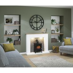 a living room with a clock on the wall and a fire place in the fireplace