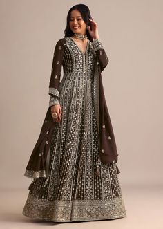 Dark Brown Silk Zari Embroidered Anarkali Suit Kids Bridal, Silk Anarkali, Embroidered Anarkali, Anarkali Suit, Brown Silk, Modern Elegance, Anarkali, Dark Brown, Silk