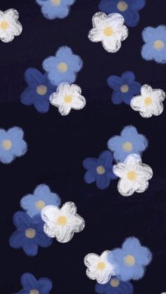 blue and white flowers on black background with yellow dots in the center, all over