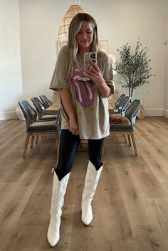 White Cowgirl Boots Outfit Casual, Cowboy Boots Edgy Outfit, Leggings Cowgirl Boots Outfit, Knee High Boots Outfit Country, Cowboy Boot Outfits Nashville, Y’all Cowgirl Boot Outfit, Outfits With White Western Boots, Leather Leggings And Cowboy Boots Outfit