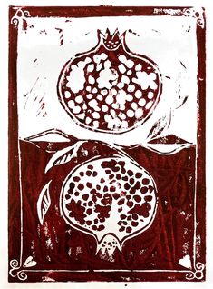 a drawing of a pomegranate on top of a red and white background