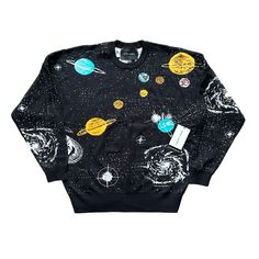 Brand New With Tags! Spirit Jersey Outer Space Wish You Were Here Knit Sweater. Intergalactic, Planetary Are Features Of This All Over Knitted Pattern On Spirit Jersey's Trademarked Garment Design. Details: - Unisex - Oversized - Soft - Mid Weight - Vibrant - 100% Cotton - Machine Wash - Imported - Pictures Are Part Of The Description. Please Reach Out If You Should Have Any Questions As Returns Are Not Accepted. 1.24.Wn. Black Star Print Sweatshirt For Winter, Black Long Sleeve Sweatshirt With Star Print, Black Casual Sweater With Star Print, Trendy Black Sweater With Star Print, Casual Black Sweater With Star Print, Casual Black Star Print Sweater, Black Star Print Top For Winter, Oversized Long Sleeve Tops With Star Print, Black Star Print Sweatshirt For Streetwear