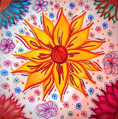 a drawing of a sunflower on a white background with red, yellow and blue colors