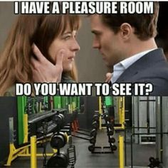 a man and woman talking to each other in front of a gym equipment area with the caption, i have a pleasure room do you want to see it?