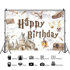 a happy birthday banner with an image of hogwarts castle