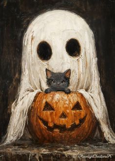 a painting of a cat sitting on top of a pumpkin