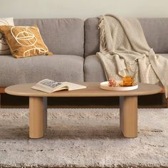 a living room with a couch, coffee table and throw pillows on the carpeted floor