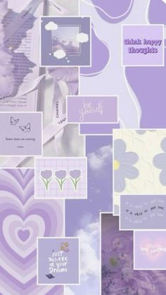 a collage of purple and white pictures with hearts, flowers, clouds and words