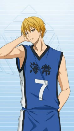 an anime character with blonde hair wearing a blue uniform and holding his hand to his face