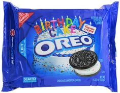 an oreo birthday cake is on the packaging for it's first time to eat