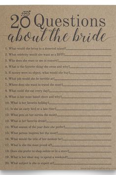 a brown paper with the words 20 questions about the bride on it