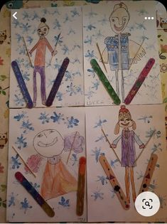 four children's drawings on paper with crayons and pencils in them