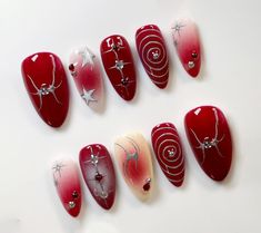 Greetings and welcome to my store. Hope you find a style you like . 𝐌𝐚𝐭𝐞𝐫𝐢𝐚𝐥: I only work with high quality materials to create sturdy & long-lasting luxury press on nails that you can trust on. My nails will last for: 1- 2 days using adhesive tab (provided with the nail set) 2- 3 weeks using nail glue. You can reuse all of the nails multiple times if you take care of them. 𝐒𝐢𝐳𝐞: XS : 14mm, 11mm, 12mm, 10mm, 8mm S: 15mm, 12mm, 13mm, 11mm, 8mm M: 16mm, 12mm, 13mm, 11mm, 9mm L: 18mm, 1 Red Grunge Nails, Silver Red Nails, Red Glam Nails, Red And Silver Nails, Velvet Nails, Grunge Nails, Blush Nails, Pretty Gel Nails, Really Cute Nails