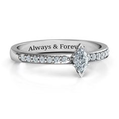 a white gold ring with an amethorate and diamonds on the side, engraved always & forever