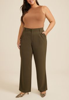 Plus Size Idealist High Rise Wide Leg Dress Pant - Plus Size Court Attire, Pleated Pants High Waisted Plus Size, Plus Size Brown Pants, Casual Wide-leg Cargo Pants With Elastic Waistband, Versatile Wide-leg Cargo Pants With Elastic Waistband, New Jeans Top, Plus Size Business Casual, Khaki Wide-leg Cargo Pants With Elastic Waistband, Court Attire