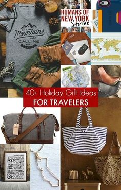 the collage has many different items on it, including bags and purses with words that read 40 holiday gift ideas for travelers