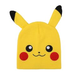 a pikachu beanie hat with eyes and ears is shown on a white background