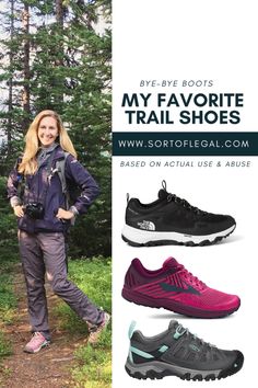 a woman standing on top of a dirt road next to trees and wearing hiking shoes