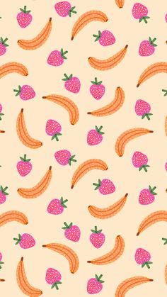 a bunch of bananas and strawberries on a pink background