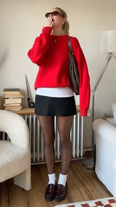 Pleated Skirt And Cardigan Outfit, Red Sweater With Skirt, How To Style A Red Cardigan, Red Cardigan Outfit Winter, Red Tennis Skirt Outfit, Red Sandals Outfit, Sleeveless Sweater Outfit, Red Cardigan Outfit, Loafer Fits