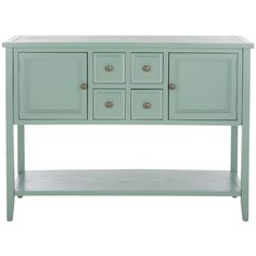 the sideboard is painted mint green and has five drawers on one shelf, two doors at the bottom and three