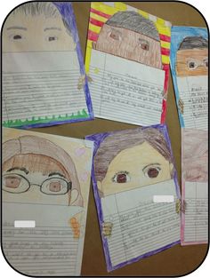 four children's papers with pictures of people on them