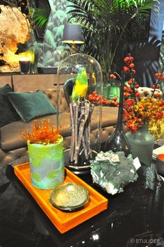 a living room filled with lots of furniture and plants on top of a coffee table