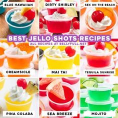 the best jello shots recipe is shown in many different colors and flavors, including oranges, pineapples, watermelon