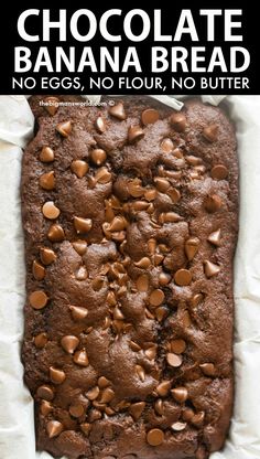 chocolate banana bread with no eggs, no flour, and no butter on top in a pan