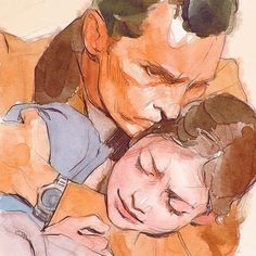 a watercolor painting of a man holding a woman's head with her eyes closed