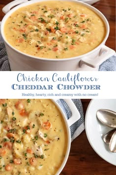 two bowls of chicken cauliflower cheddar chowder with spoons on the side